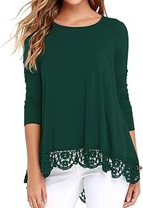 Qixing Women Tops Long Sleeve Tunic Lace Trim O-Neck A Line Tops Blouse