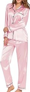 SWOMOG Womens Satin Silk Pajamas Long Sleeve Sleepwear Two Pieces Loungewear Button Down Pjs Set
