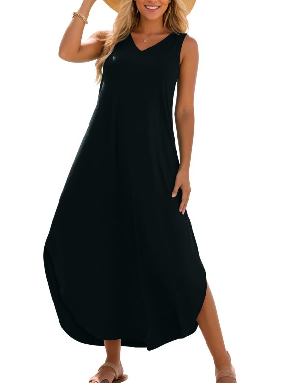 Zilcremo Women Summer Sleeveless Dress Casual V Neck Loose Split Tshirt Long Dresses