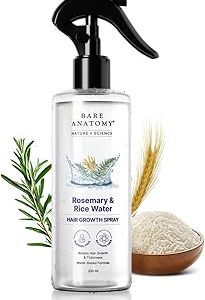 Bare Anatomy Nature x Science Rosemary Water Spray for Hair Growth & Hair Thickness with Rice Water |100% Natural Extract | Soft & Smooth Hair| Controls Hairfall| Non-Greasy & Fast Absorbing | 200 ml