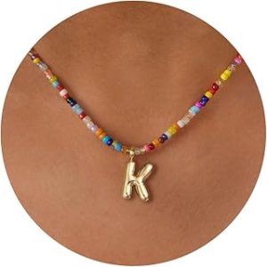 BSGRL Initial Necklaces for Women - Boho Colorful Bead Bubble Letter Necklace 14K Gold-plated 15"+2”