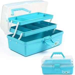 30cm Three-Layer Multipurpose Storage Box Organizer Folding Tool Box/Art & Crafts Case/Sewing Supplies Organizer/Medicine Box/Family First Aid Box with 2 Trays(Blue)