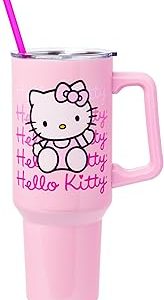 Silver Buffalo Sanrio Hello Kitty Waving Stainless Steel Tumbler with Handle and Straw, Fits in Standard Cup Holder, 40 Ounces
