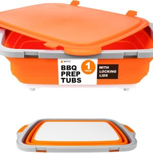 Drip EZ Collapsible BBQ Prep Tub (V2) - For Meal Prep Marinating Food Storage - Includes Cutting Board & Locking Lid - (1) XL - Orange