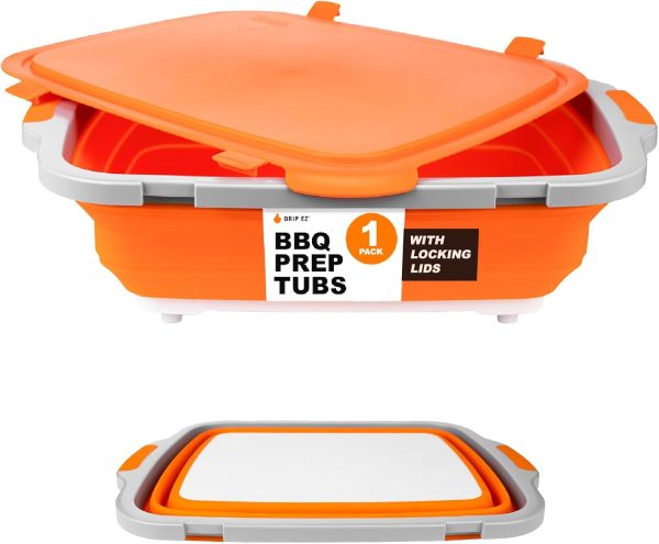 Drip EZ Collapsible BBQ Prep Tub (V2) - For Meal Prep Marinating Food Storage - Includes Cutting Board & Locking Lid - (1) XL - Orange