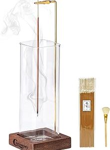 Ceremony Incense Holder, Wooden Incense Holder for Sticks with Glass Ash Catcher, Anti-ash Incense Burner with a Ash Brush for Meditation Yoga Spa Room Decor