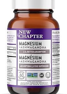Magnesium, New Chapter Magnesium + Ashwagandha Supplement, 2.5X Absorption, Muscle Recovery, Heart & Bone Health, Calm & Relaxation, Gluten Free, Non-GMO - 60 ct
