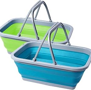 REDCAMP 2 Pack Collapsible Camping Sink, 9L Portable Wash Basin with Handle for Camping Hiking and Home, Blue and Green