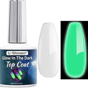 U-Shinein Glow Top Coat Gel, Dark Nail Polish & Top Coat Needed Curing Nail Art, Luminous Light Green Effect Soak Off UV Gel Polish for DIY Nail Art Design