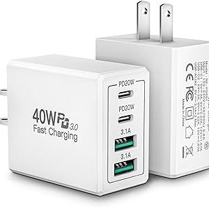 [2 Pack] USB C Wall Charger, 40W 4-Port Fast Charging Block, Dual Port QC+PD 3.0 Power Adapter Multiport Wall Plug Type C Brick for iPhone 15 14 Pro Max 13 12 11 XS XR 8 7 Plus, Tablets, Cube Charger
