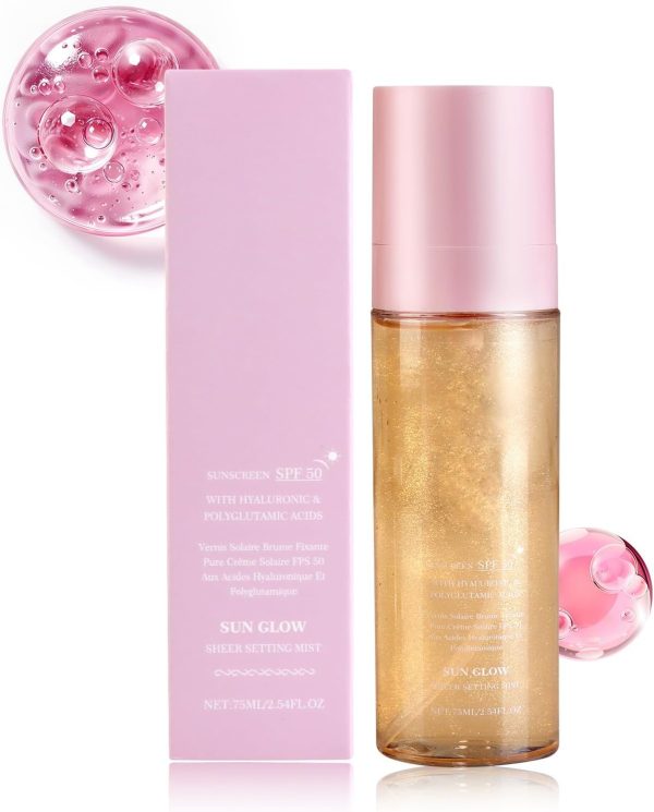 SPF 50 Sheer Setting Mist Sunscreen, Broad Spectrum Shimmering Set Makeup Moisturizing Protection Spray, Light And Transparent Oil Control Fast Film Forming, Suitable for Face And Body
