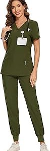 COZYFIT Scrubs for Women Set - Stretch V-Neck Scrub Top & Jogger Pant with 10 Pockets