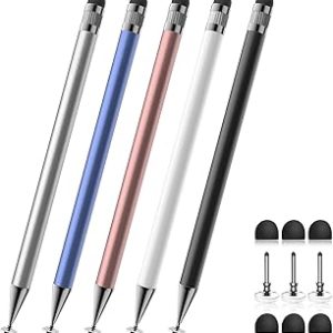 Stylus (5 Pcs), 2-in-1 Stylus Pen for Touch Screen, High Precision and Sensitivity, Suitable for iPhone/ipad/Android Tablets, Compatible with All Touch Screens(Silver/Blue/Rose Gold/White/Black)