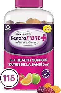 RestoraFIBRE+ 6 in 1 Daily Prebiotic Fibre Supplement Gummies for Adults, Supports Health Benefits, including Regularity, Gentle Constipation Relief & Healthy Immune Function with Naturally Sourced Inulin (115 ea)