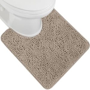 GORILLA GRIP Shaggy Chenille Bath Rug Mat for Toilet Base, Machine Washable, Microfiber Dries Quickly, Plush Absorbent Contour Mats for Toilets, Bathroom Decor, Oval U-Shape, 22.5x19.5, Beige