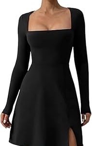 Femfady Women’s Square Neck Mini Long Sleeve Side Slit Flare Y2K Sexy Party Club Short Dress