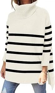 OU MgCE FAST FASHION Women's Turtleneck Oversized Sweaters Long Sleeve Split Hem Striped Knit Pullover Tops