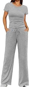 Ekouaer Women's 2 Piece Lounge Sets Ruched Short Sleeve Pajama Set High Waisted Wide Leg Pants Loungewear Outfits
