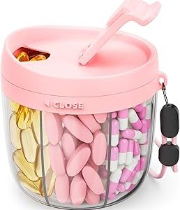 AMOOS Cute Pill Dispenser with 7 Large Compartments, Portable Pill Bottle Organizer with Wide Opening for Easy Use, Anti-Mix Pill Organizer for Travel, BPA-Free Pill Container, Pink