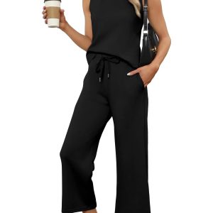 SAMPEEL Two Piece Sets for Women Summer Outfits Lounge Sets Mock Neck Tops Wide Leg Crop Pants Vacation Travel Outfits
