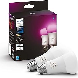 Philips Hue White and Colour Ambiance 9.5W Equivalent 60W A19 Base E26 LED Smart Bulb, Dimmable, Bluetooth & Zigbee Compatible, Voice Activated with Alexa & Google Assistant, 2-Pack