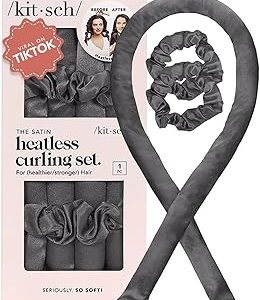 Kitsch Satin Heatless Hair Curler Set - Heatless Curls Overnight, Hair Rollers for Soft Curls & Frizz-Free Styling, No Heat Curlers To Sleep in, Curling Rod, Includes 2 Scrunchies - Charcoal