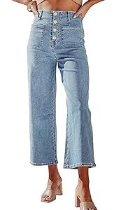 UECOOM Women's Wide Leg Jeans Button down High Waist Straight Leg Jean Ankle Length Denim Pants with Pocket