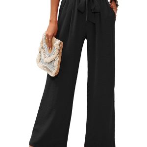 Heymoments Wide Leg Women Pants Lightweiht Waisted Adjustable Tie Knot Loose Comfy Casual Trousers with Pocket S-2XL