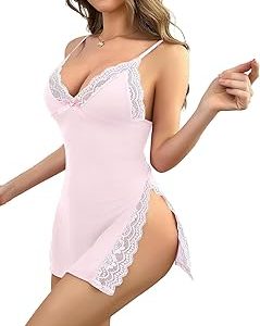 Dvility Babydoll Lingerie, Sexy Nightgowns for Women, Lace Trimmed, Cute Sleepwear Dress with Side Slits