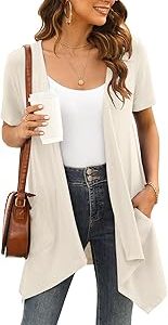 Veryoung Trendy Open Front Short Sleeve Cardigans for Women Casual Drape Lightweight Summer Cardigan with Pocket High Low Hem