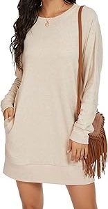 PrinStory Womens Long Sleeves Dresses Casual Loose Round-Neck Tuinc Tops Basic Dress with Side Pockets