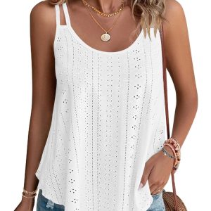 WNEEDU 2025 Womens Summer Tank Tops Eyelet Embroidery Sleeveless Spaghetti Strap Pleated Flowy Scoop Neck Hollow Cami