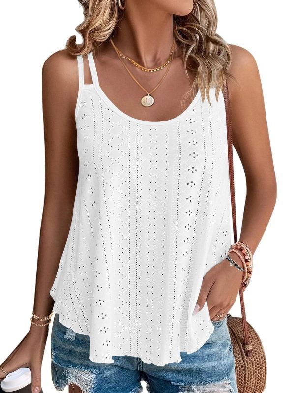 WNEEDU 2025 Womens Summer Tank Tops Eyelet Embroidery Sleeveless Spaghetti Strap Pleated Flowy Scoop Neck Hollow Cami