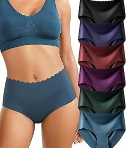 Oegho 6 Pack Womens High Mid Waisted Briefs Underwear No Show Seamless Full Coverage Ice Silk Soft Breathable S-XXL