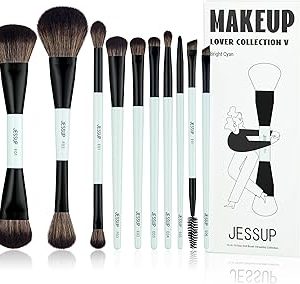 Jessup Makeup Brushes Set 10pcs, Double Sided Foundation Contour Blush Highlight Blending Eyebrow Brush Eyeshadow Eyeliner Concealer Brush, Bright Cyan Cruelty Free Cosmetic Tools T500