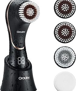 Facial Cleansing Brush, Electric Face Scrubber Rechargeable Exfoliator IPX-7 Waterproof Rotating Cleanser for Exfoliating, Massaging and Deep Cleansing for Women & Men with 4 Brush Heads Black
