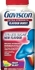 Gaviscon Extra Strength Flavour Burst Tablets - 60 Count - Chewable Foaming Antacid Tablets for Day and Night Heartburn Relief, Acid Reflux and GERD Relief, Fruit Blast - Free of Aluminum, Lactose and Gluten