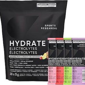 Sports Research Hydrate Electrolytes Powder Packets - Sugar-Free & Naturally Flavored with Vitamins, Minerals, and Coconut Water - Supports Hydration - 16 Packets - Variety Pack