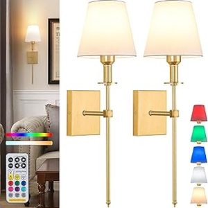 Wall Light Battery Operated Sconce Set Of 2，not Hardwired Fixture,Battery Powered Wall Sconce With Remote Dimmable Light Bulb,Easy To Install Not Wires,for Bedroom, Lounge, Farmhouse (Battery Sconce Gold)