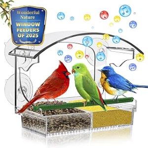 Clear Acrylic Window Bird Feeder with Strong Suction Cups, Window Mount, Removable Tray and Perch - Perfect for Bird Watching, Easy to Clean, Weatherproof - Attracts Various Colorful Birds
