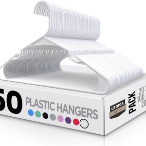 Utopia Home White Plastic Hangers 50 Pack - Clothes Hangers for Coat, Shirts,Trouser Suit - Space Saving Durable and Slim with Shoulder Grooves