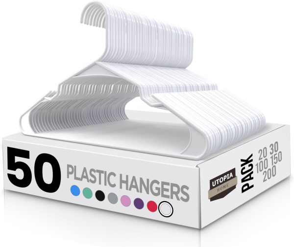 Utopia Home White Plastic Hangers 50 Pack - Clothes Hangers for Coat, Shirts,Trouser Suit - Space Saving Durable and Slim with Shoulder Grooves