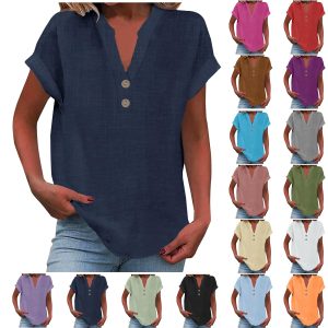 Womens Cotton Linen Tops Button V-Neck Tunic Shirts 2025 Summer Fashion Outfit Dressy Casual Short Sleeve Blouses