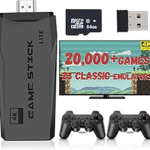 Wireless Retro Game Console, Retro Game Stick with Built-in 23 Emulators, 20,000+ Games, 4k Hdmi Output, and 2.4GHz Wireless Controller, Plug and Retro Play Video Games for Tv (64GB)