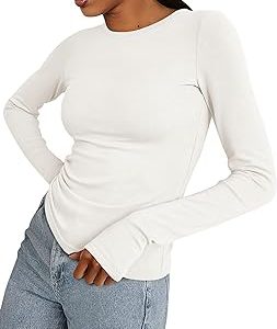 BTFBM Womens Casual Long Sleeve Tops Spring Fall 2025 Crew Neck Workout Shirt Stretchy Slim Fit Basic Y2K Going Out Top