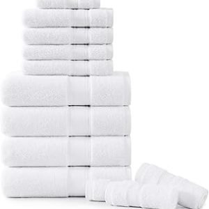 LANE LINEN Luxury Bath Towels Set - 12 Piece Set, 100% CottonBathroom Towels, Zero Twist, Shower Towels, Extra Absorbent Bath Towel, Super Soft, 4 Bath Towels, 4 Hand Towels, 4 Wash Cloths - White