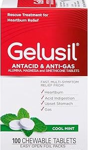 Gelusil® Antacid Chewable Tablets - 100 Count, Fast Relief of Upset Stomach, Heartburn, Acid Indigestion, and Gas, Mint Flavor