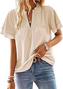 Falechay Womens Tops Butterfly Sleeve V Neck Blouses for Women Dressy Casual Flowy Swiss Dot Ruffle Short Sleeve Shirts
