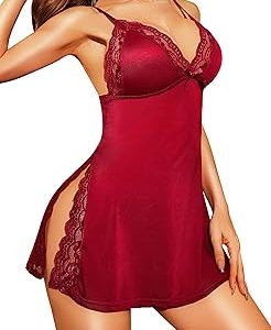 RSLOVE Women's Lingerie Sexy Nightgown Lace Babydoll Deep V Chemise Side Slit Nightie Sleepwear
