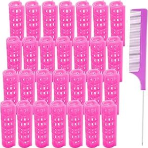 MOODKEY 28PCS Plastic Hair Rollers Set 1.5cm/0.6in Heatless Hair Rollers Hair Curlers Snap on Rollers Self Grip Rollers Hairdressing Curlers Tools for DIY Hairdressing Hair Salon（pink）